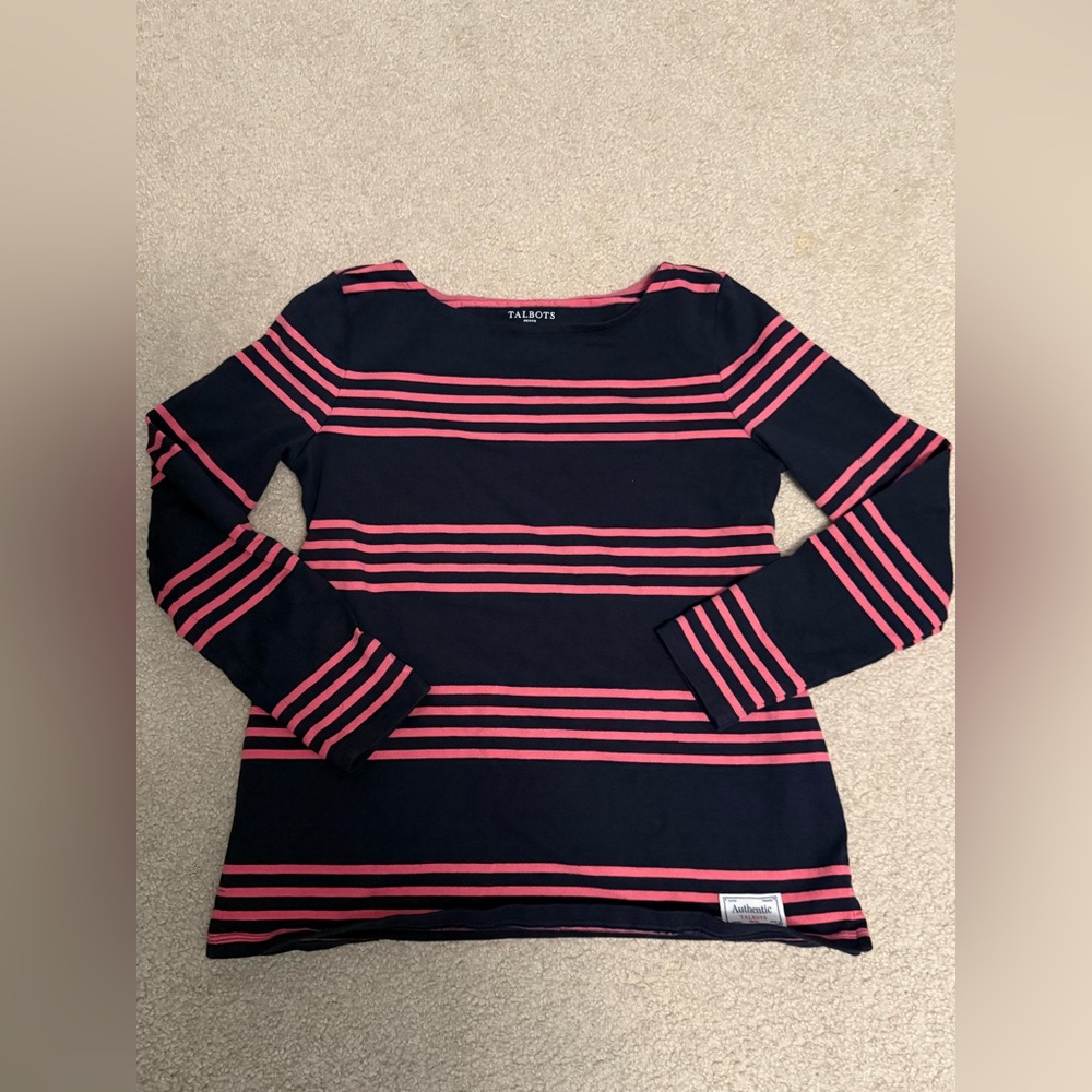 Talbots Dark Blue Top with Pink Stripes Size Petite Small